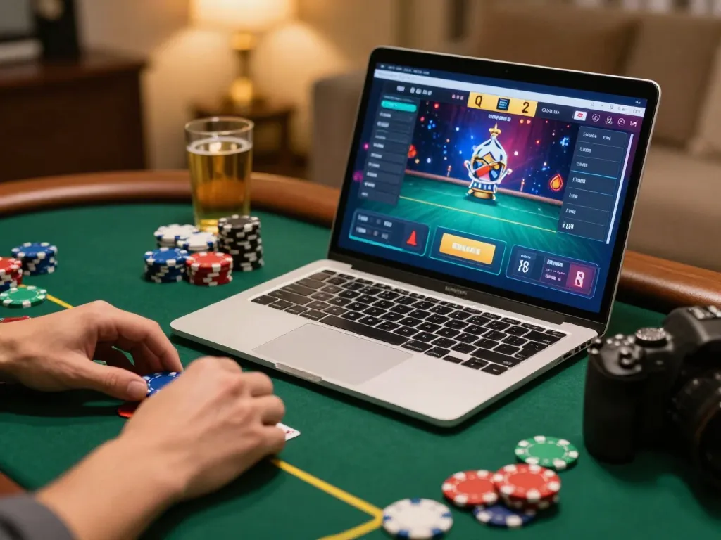 Login situs poker in action as a player engages in an online game with chips placed strategically on virtual table.