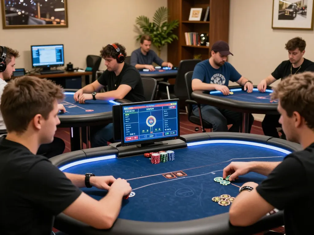 Players strategizing in an engaging online poker game, showcasing game bài đổi thưởng uy tín with vibrant displays and focused gameplay
