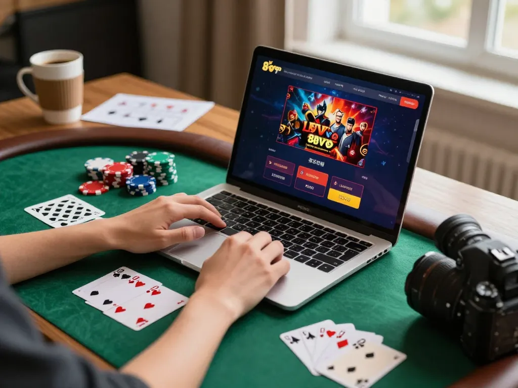 Engaged player using the 88vvgo app on a laptop for online gambling sessions while surrounded by gaming supplies.