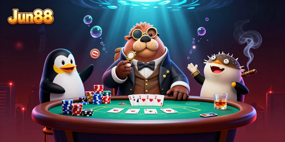 Experience thrilling poker plays at Jun88 with a jolly walrus, penguin dealer, and bluffing pufferfish
