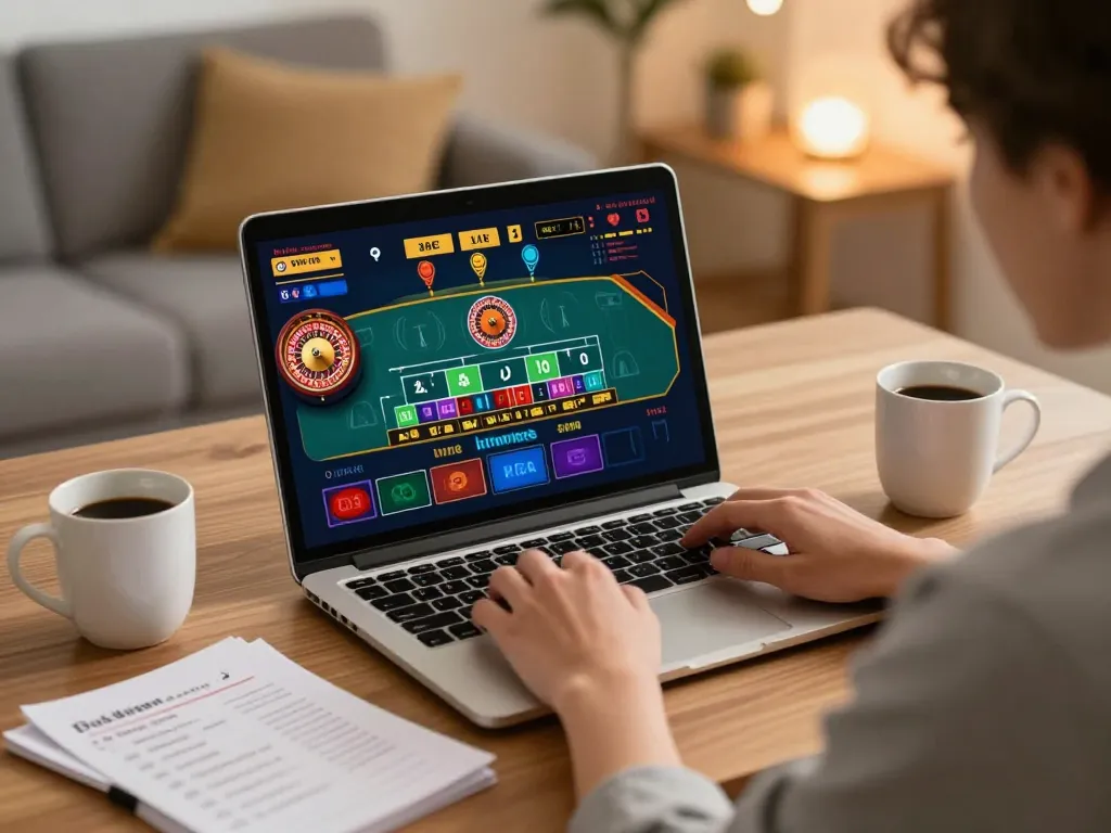 Player engaging with ALO8 STUDIO's live dealer games on a laptop in a cozy home office.