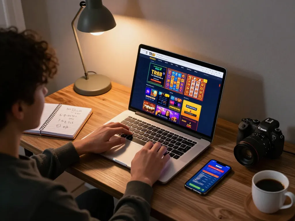 Engaging in online gaming at TR88 with laptops and mobile devices in a cozy setting to enhance betting experience.
