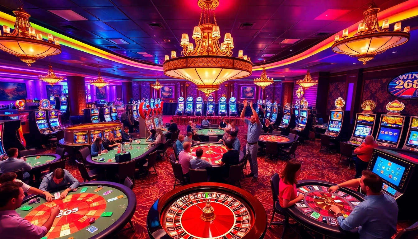 Players enjoying a thrilling moment at the win678 game casino tables amidst vibrant colorful lights.