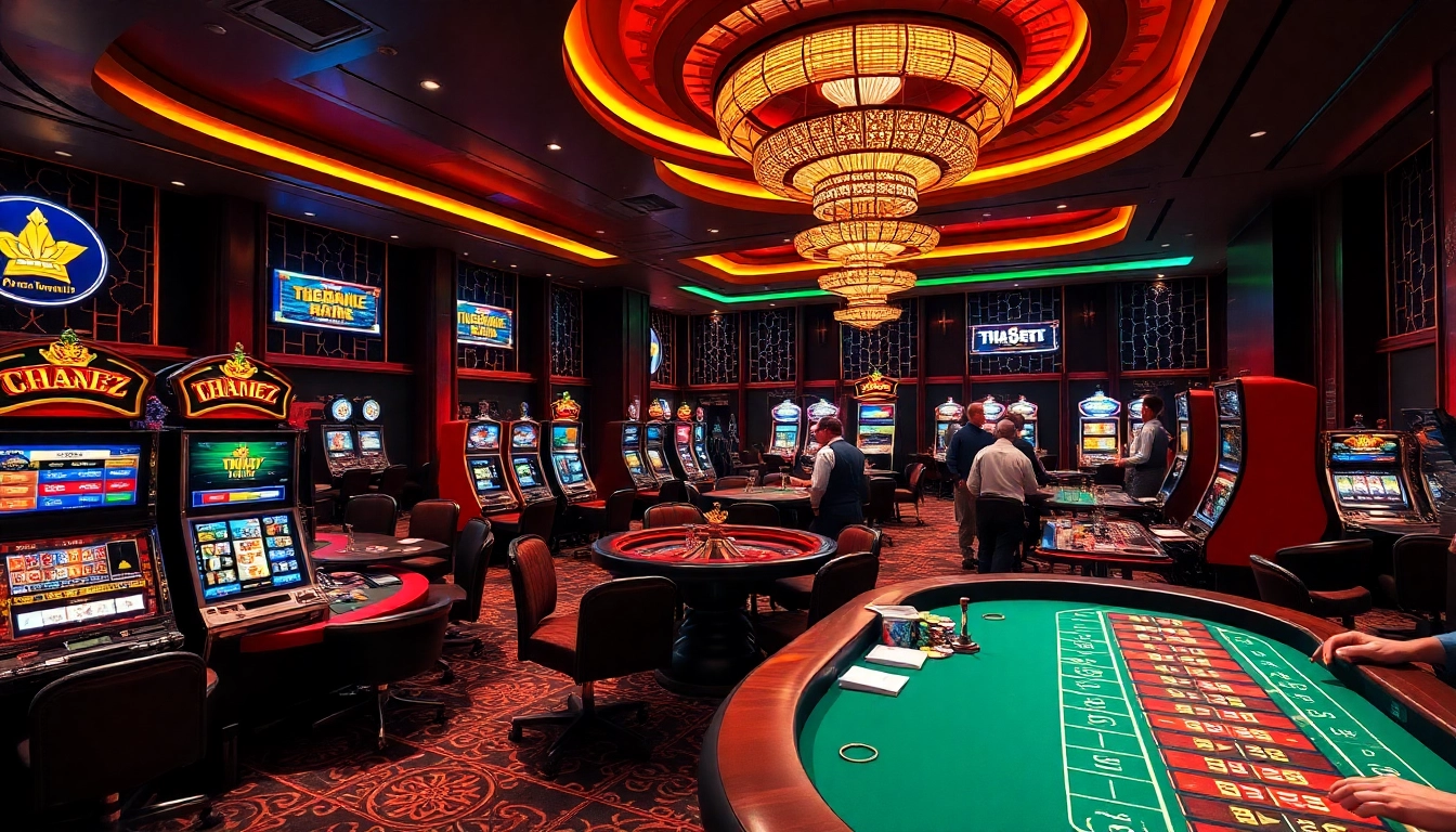 Exciting casino atmosphere at https://thabet1.net/, featuring poker tables, slot machines, and vibrant gambling action.