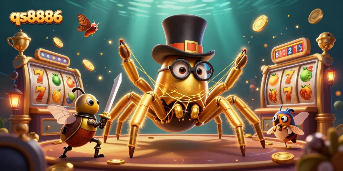 Experience the excitement of qs8886 with a golden tarantula weaving casino magic amidst dynamic slot reels and thrilling game elements.