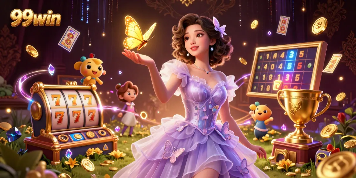 Experience winning thrills at 99win with stunning slots and golden butterflies in a vibrant casino scene.