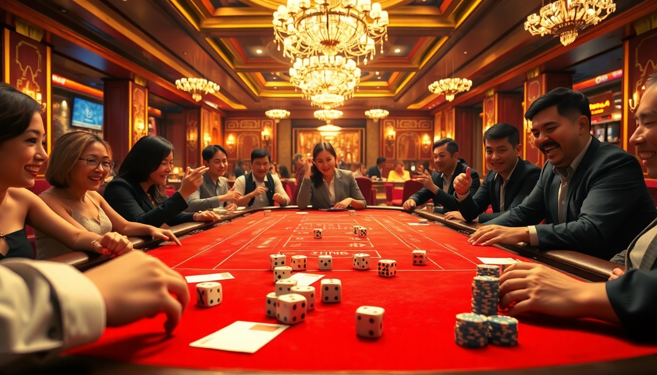 Excited players engaging in Tài Xỉu MD5 at a luxurious casino table.