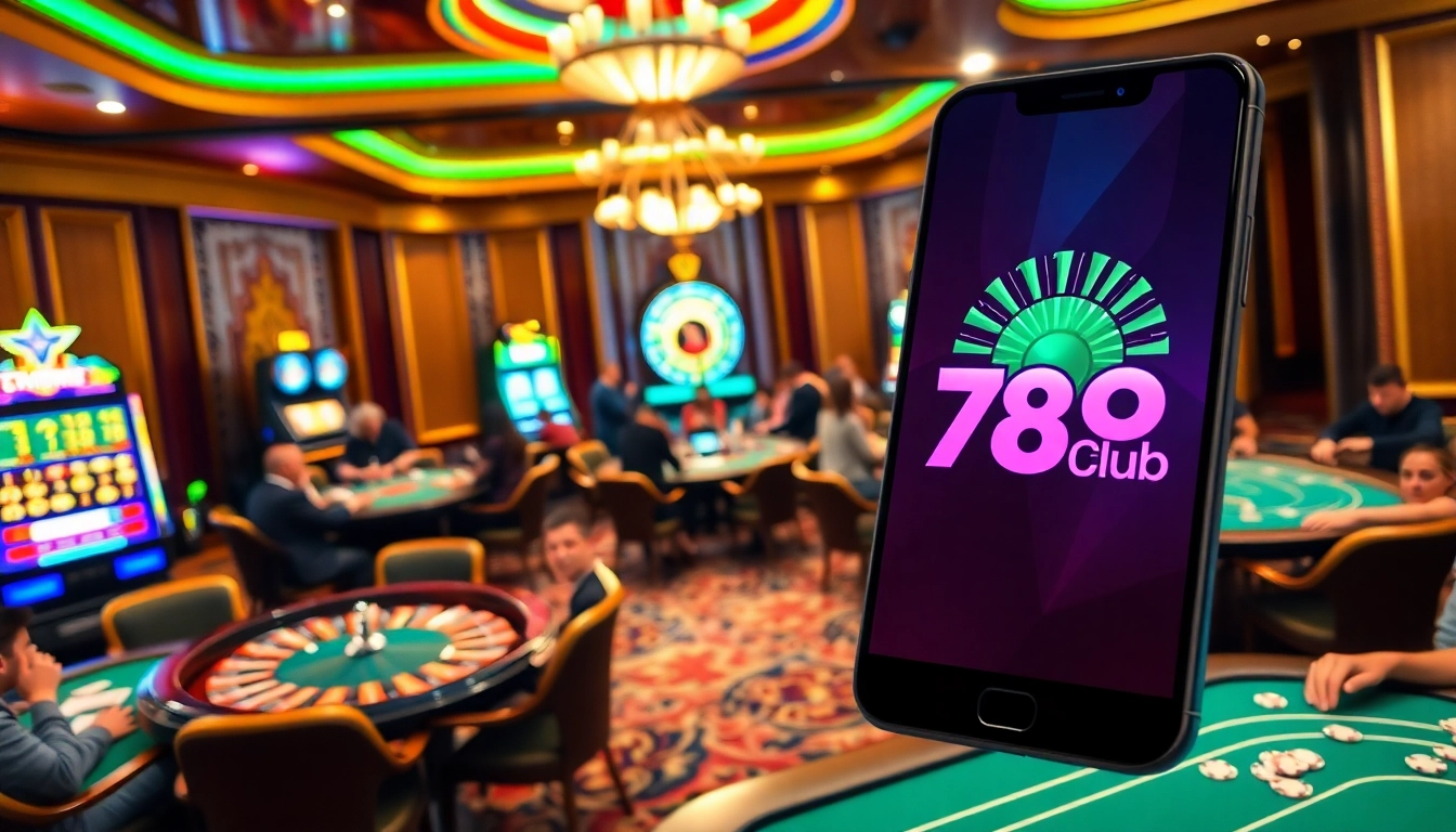 Thrilling casino experience at 789club with poker tables, slot machines, and a roulette wheel.