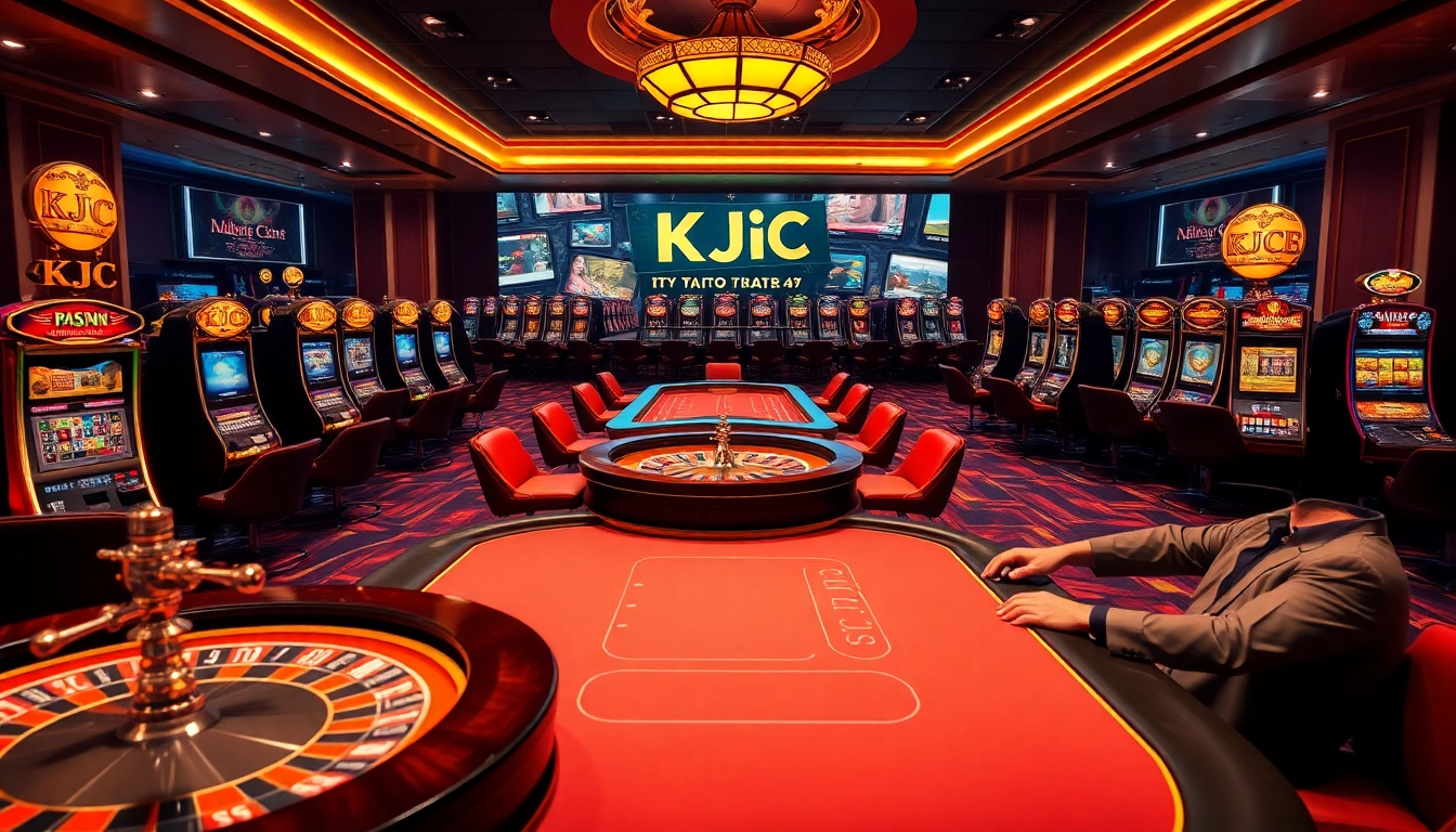 A thrilling casino experience at tập đoàn kjc showcasing dynamic gameplay at poker tables and roulette wheels.
