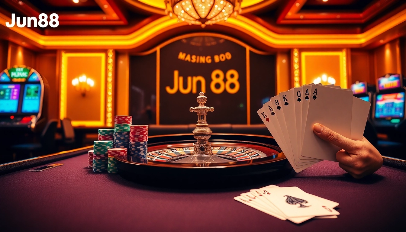 Exciting casino gaming scene featuring Jun88 chips, roulette wheel, and vibrant atmosphere.