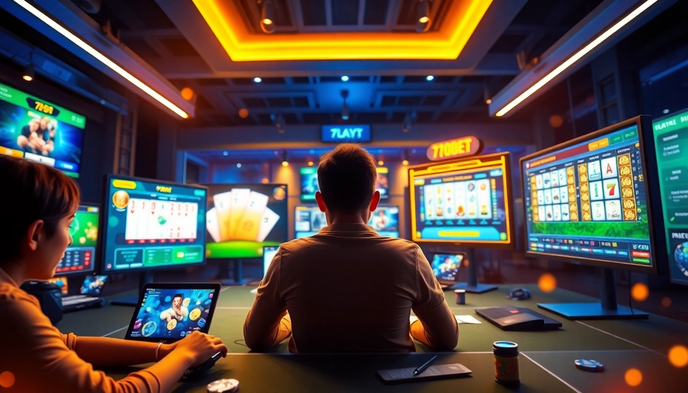 Engaging scene showcasing users enjoying online gaming at 789bet, highlighting poker and slot interfaces.