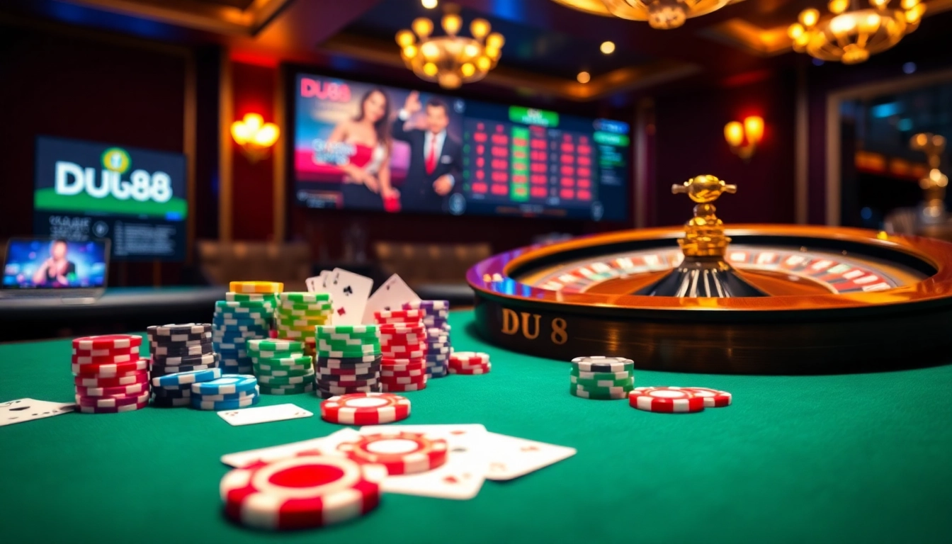 Experience the thrill of the casino at https://du88.sbs/ with vibrant poker chips and an elegant roulette wheel.