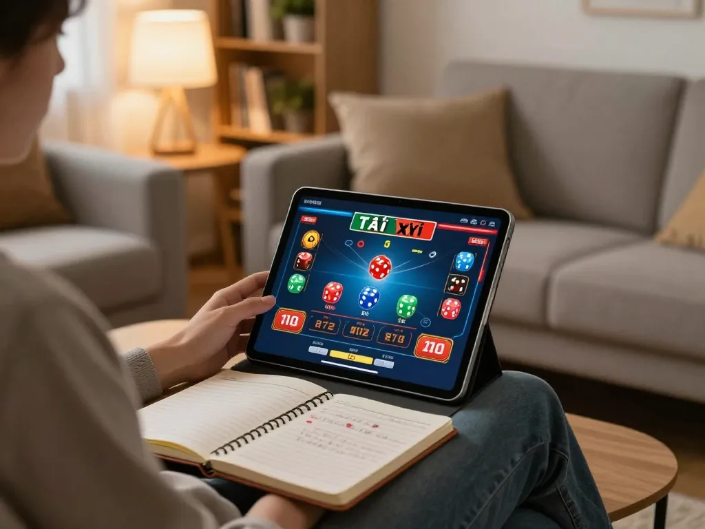 Tài xỉu online gameplay on tablet in a cozy home setting, reflecting strategic gaming.