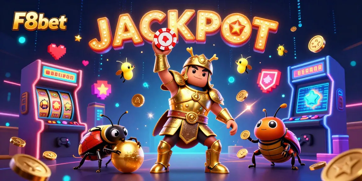 F8bet showcases a victorious hercules beetle lifting a poker chip amid vibrant casino elements, emphasizing casino excitement.