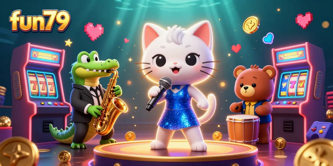 Experience fun79 casino excitement with a jazz-singing cat, crocodile, and bear in a dynamic, colorful gaming world.