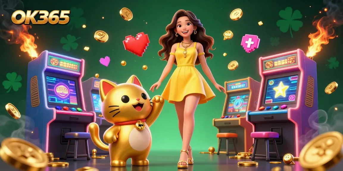 Engage with OK365 for exciting gameplay featuring a joyful Asian woman with a golden lucky cat.