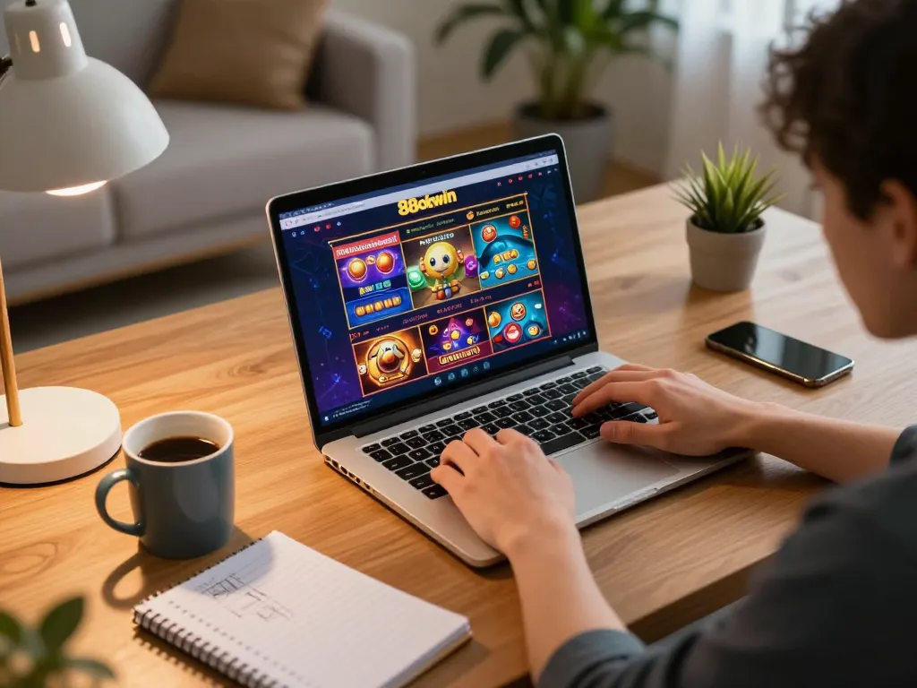 Player engaging in online gaming on 88okwin platform in a cozy home setting