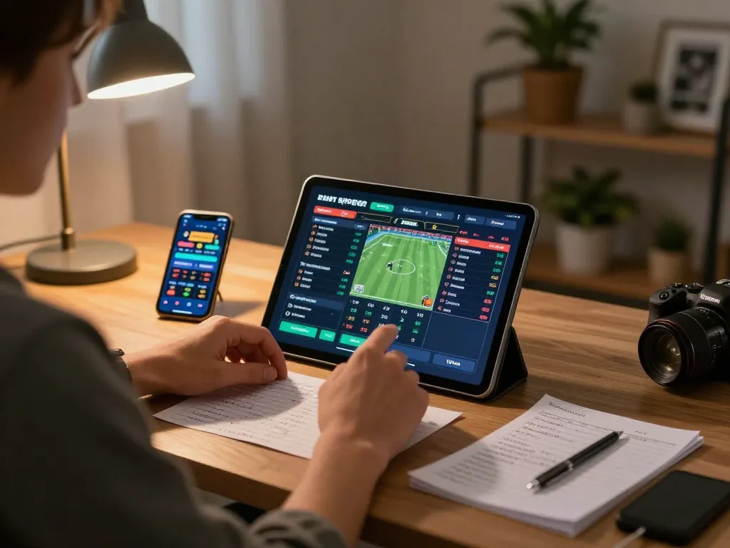 Engaging scene of a person using tip88 app on a tablet for online sports betting in a cozy home setup.