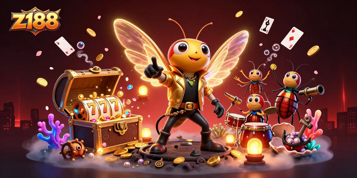 z188 engages in exciting casino activities with a vibrant 3D cartoon illustration showcasing treasure and gaming elements.