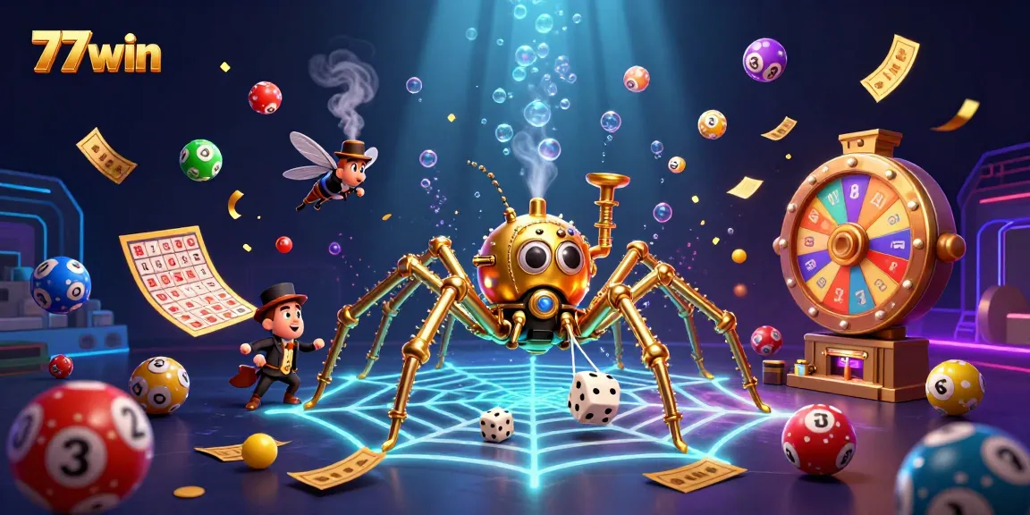 77win features a dynamic casino-themed illustration with steampunk elements and playful games.