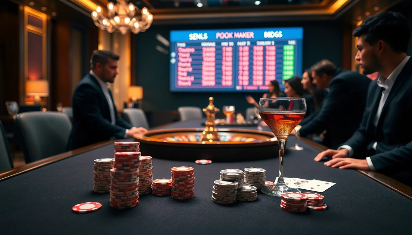 Engaged players analyzing tỷ lệ nhà cái at a luxurious poker table in a vibrant casino.