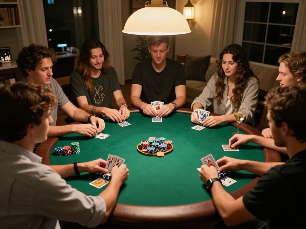 FLY88 home poker night with friends enjoying a friendly game, chips stacked and cards dealt