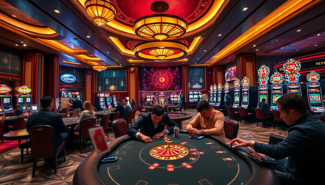 Experience the excitement of gambling at newphim with vibrant casino tables and players engaged in high-stakes poker.
