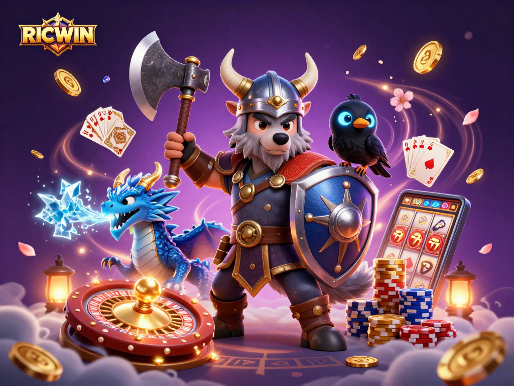 Experience the thrill of RICWIN as the Viking warrior battles with luck in a vibrant casino scene.