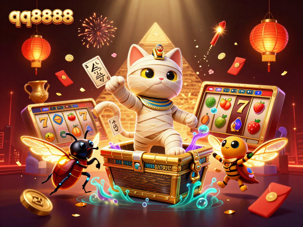 Spin the reels with qq8888's thrilling 3D Egyptian mummy cat and golden jackpot symbols floating