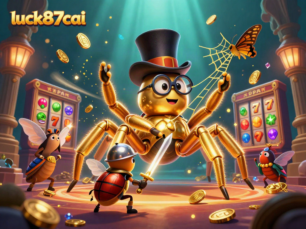 Experience luck87cai's thrilling casino world with vibrant slot reels and golden characters