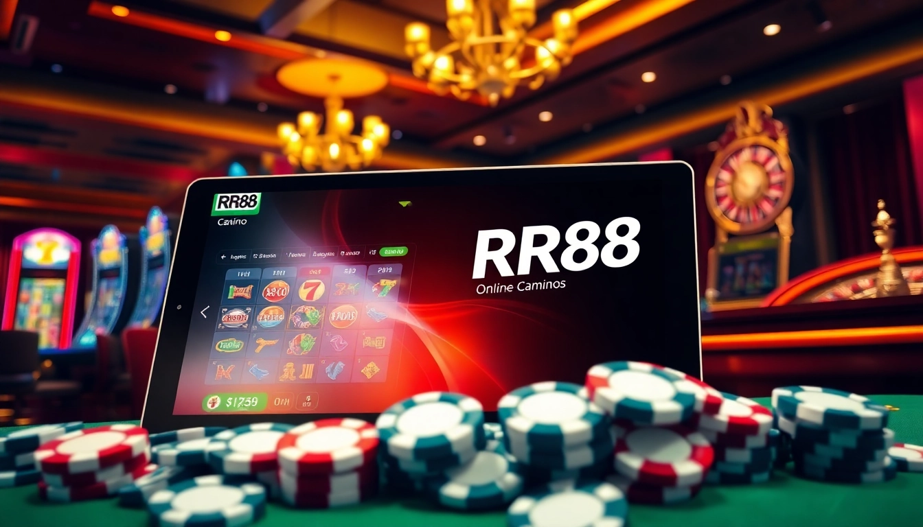 Experience thrilling gambling at RR88 with a luxury casino setup showcasing slot machines and roulette.