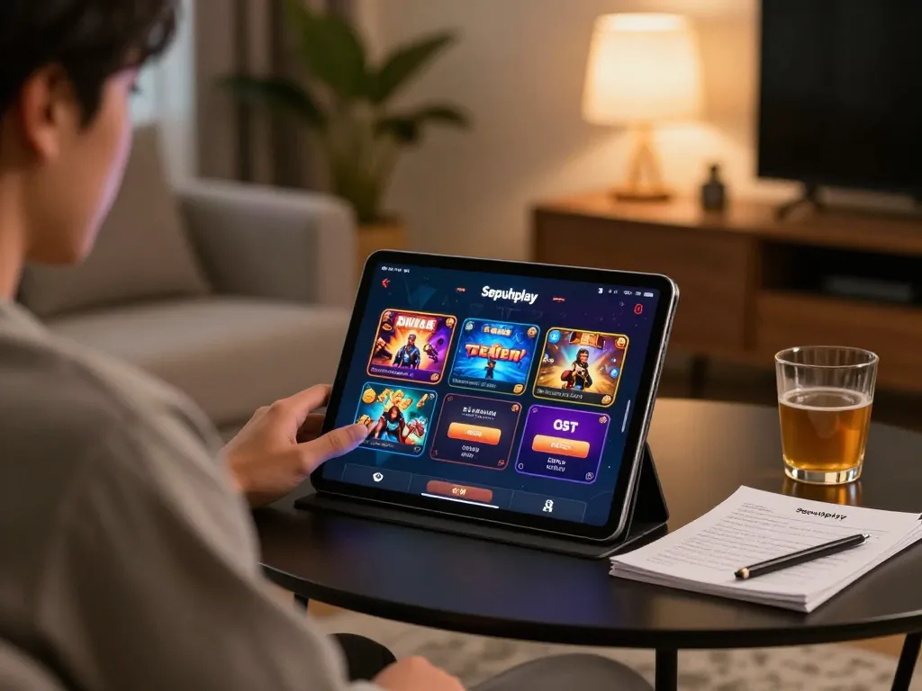 Akses login Sepuhplay di tablet dalam pengaturan rumah yang nyaman, menampilkan aplikasi kasino yang vibrant.