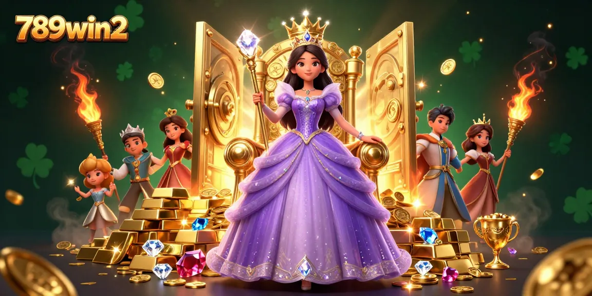 Engage in thrilling gaming with 789win2, featuring a regal Asian princess amidst treasure and slots.