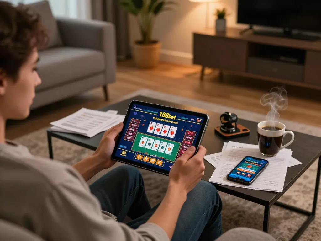Engaging with the 188bet link on a tablet for online gambling in a cozy home setting.