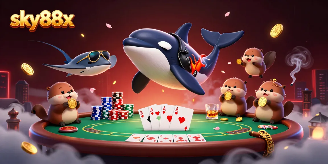 Experience the thrill of sky88x with orca bikers and otters collecting golden coins at a vibrant casino.