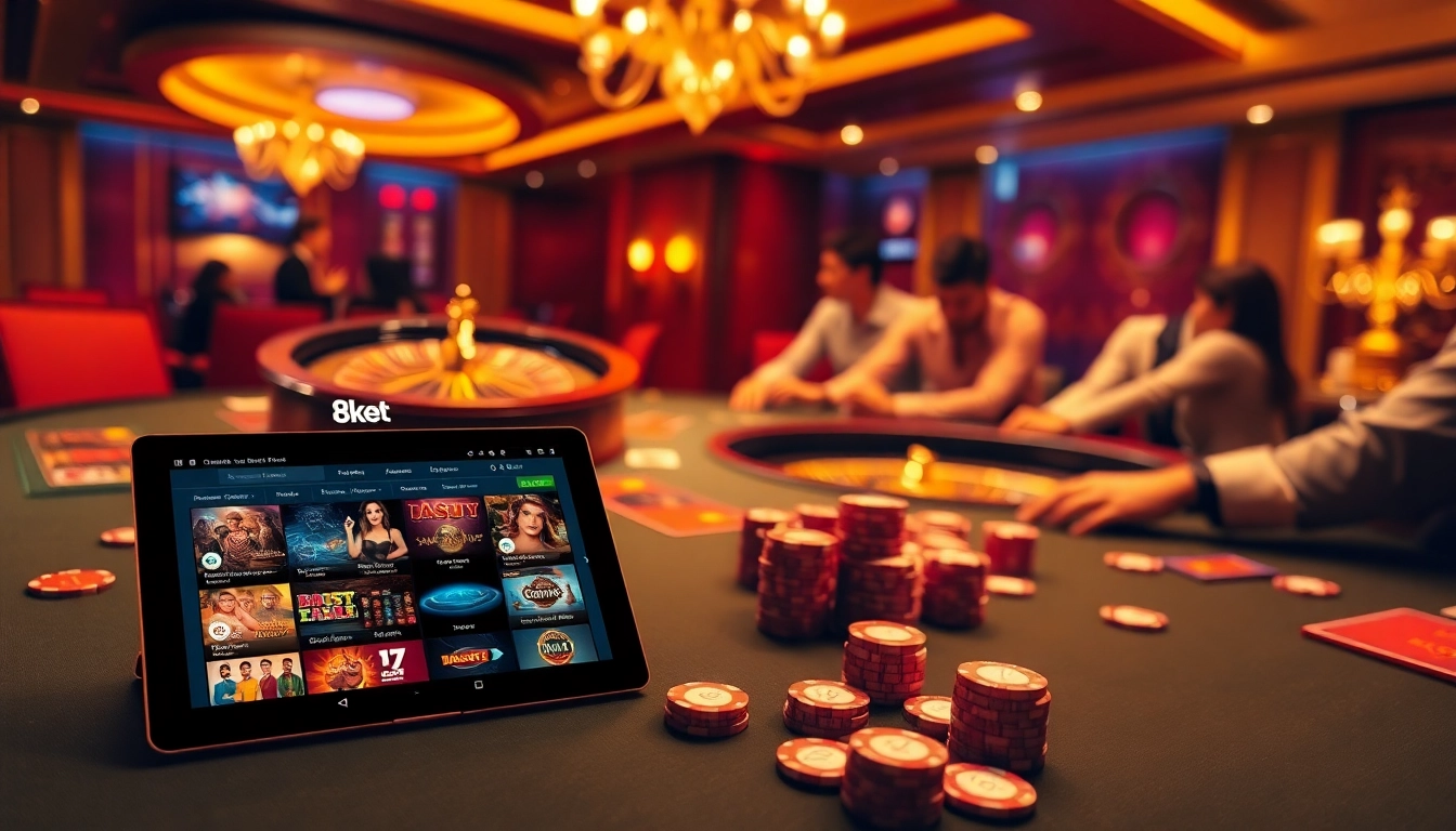 Exciting casino gaming scene at 8kbet with poker chips, roulette wheel, and players engaged