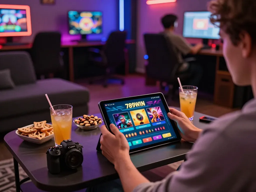 Engaging with 789WIN casino app for online gaming on a stylish tablet, dynamic setup.