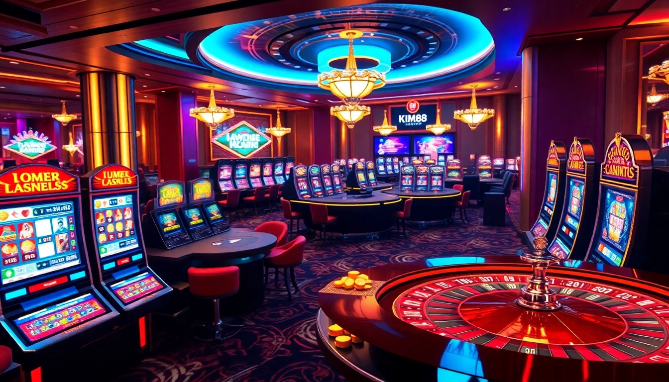 Playing the game kim88 amidst vibrant casino excitement with colorful slot machines and poker chips.