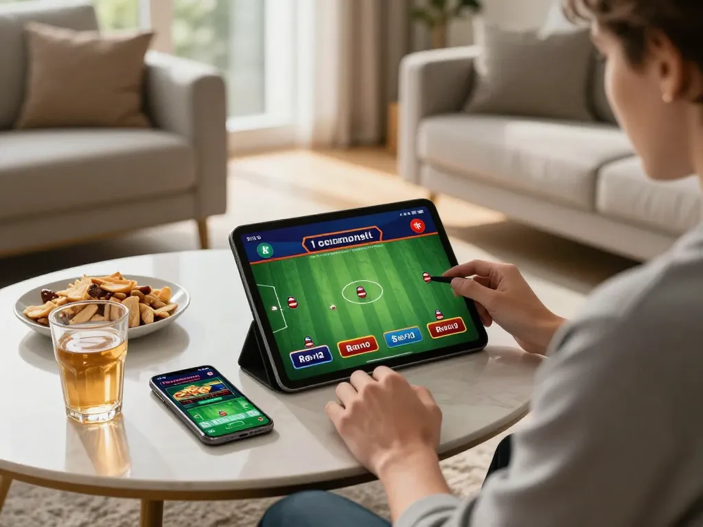 MM88 player enjoying sports betting on a tablet in a cozy home setting.