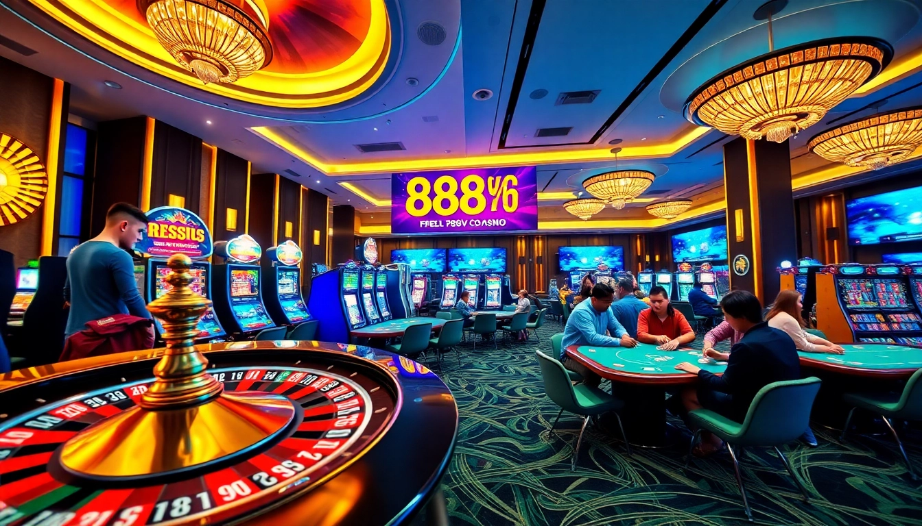 Experience the thrill of gaming at https://888vv.co.com/ with a vibrant casino scene featuring roulette, slots, and engaged players.