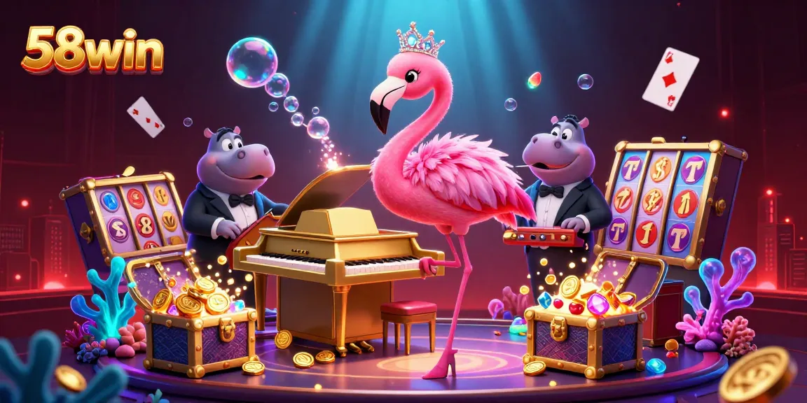 Engage in thrilling gaming at 58win with a vibrant casino scene featuring dynamic characters, slot elements, and joyful ambiance.