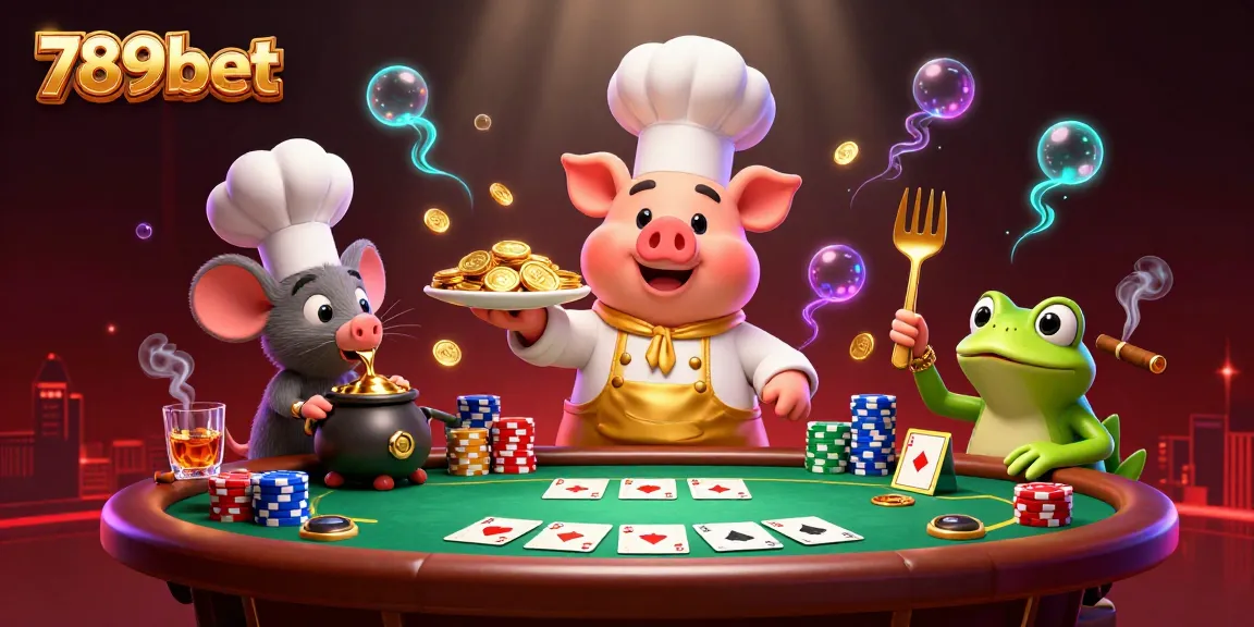 Bet on excitement with 789bet as a chef pig serves gold coins amidst poker chips and cards.