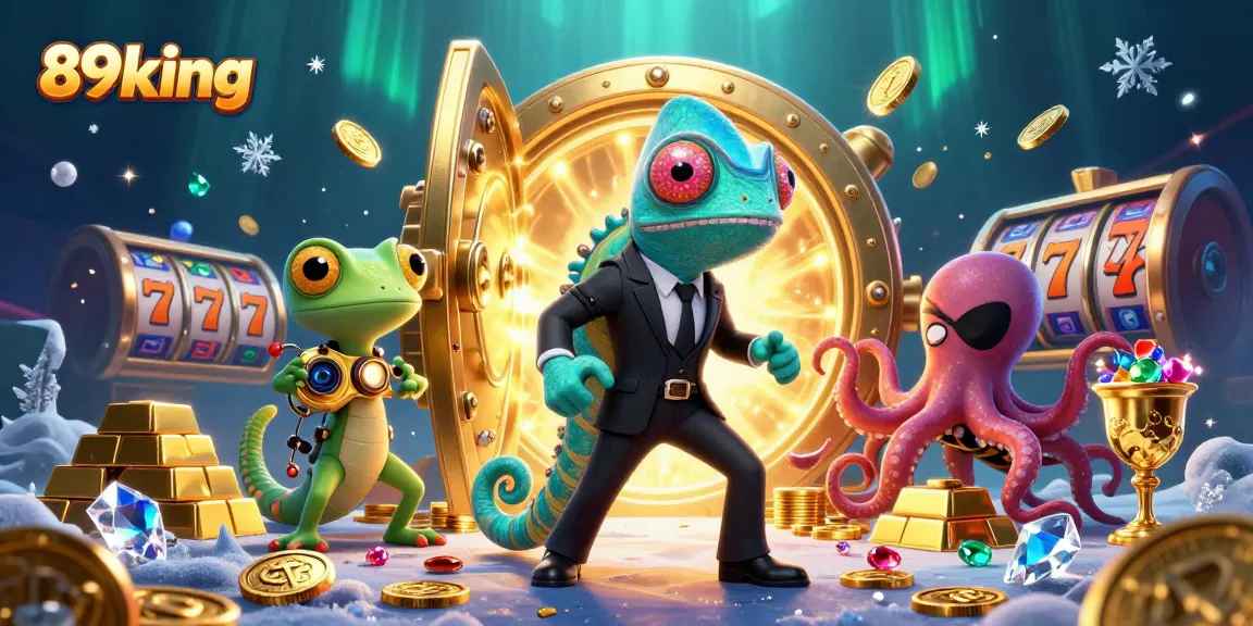 A dynamic 3D illustration of a Bond-style chameleon, tech-gecko, and octopus surrounded by exciting casino elements for 89king.