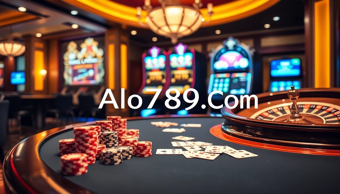 Experience the thrill of gambling at Alo789 Com with a vibrant casino scene featuring poker and roulette.