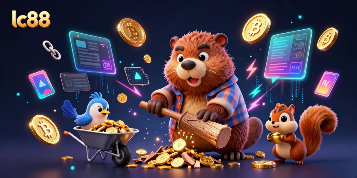 Play and win with lc88 in an engaging cartoon scene of beaver and friends collecting golden coins.