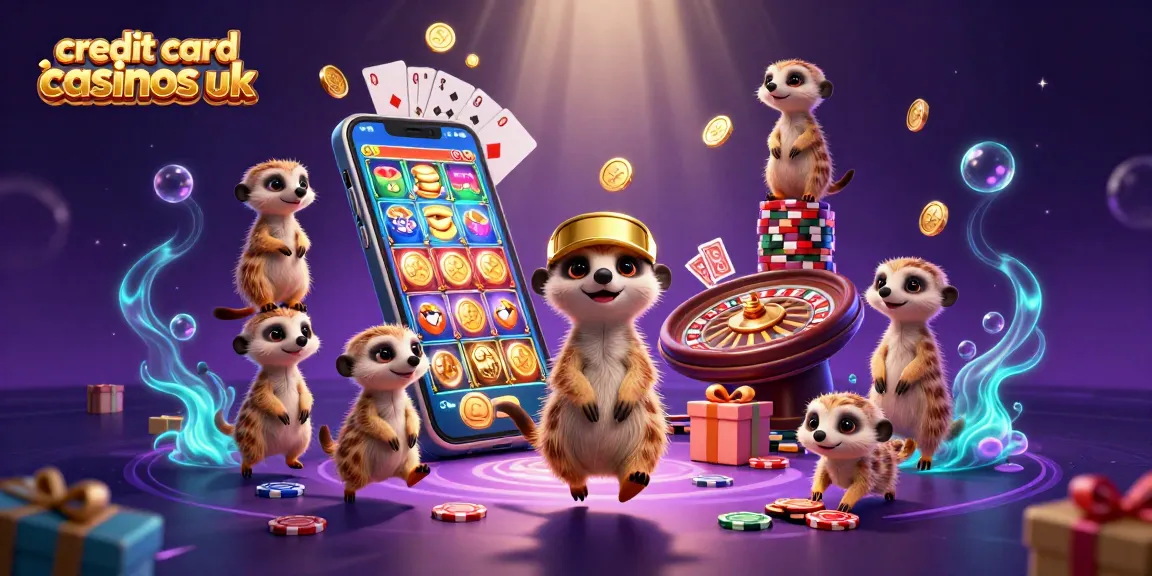 Engaging scene of meerkats at credit card casinos uk with vibrant gaming elements and cheerful atmosphere