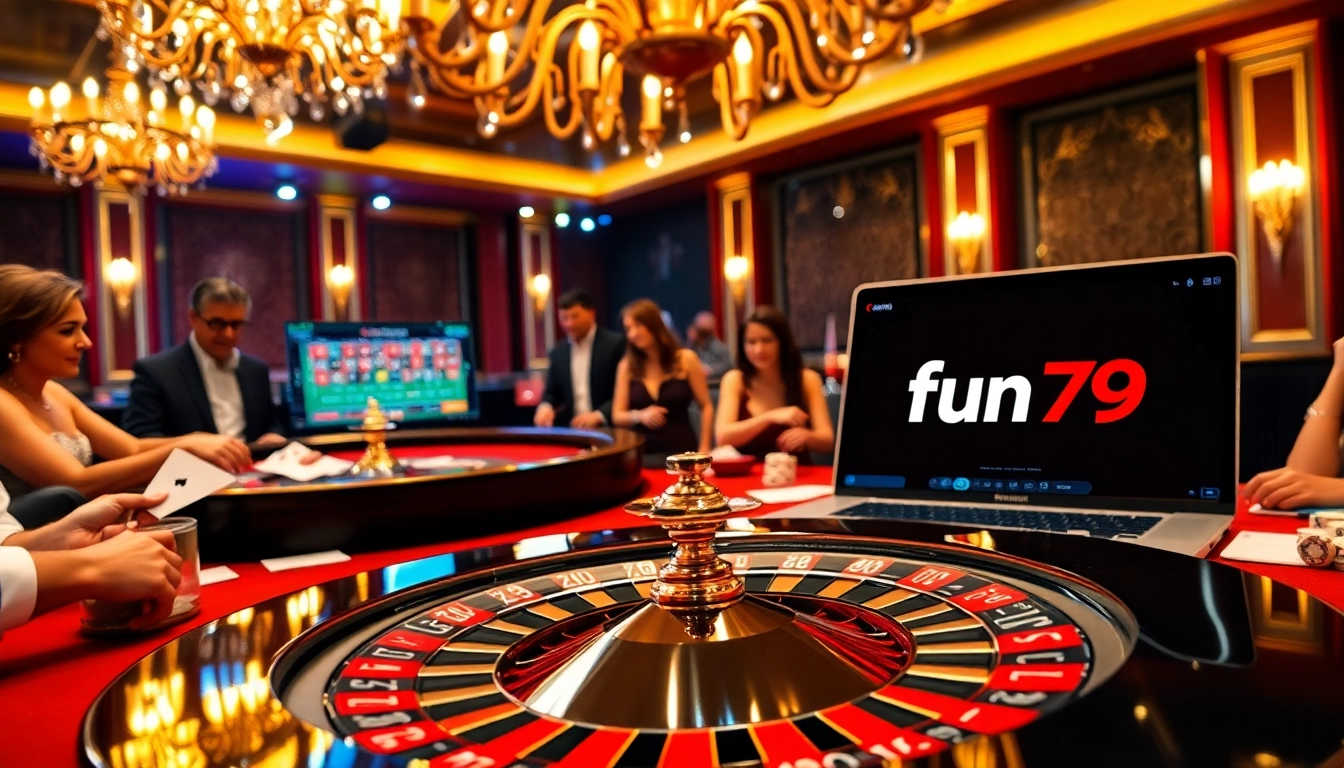 Gambling excitement at fun79 with a roulette table and vibrant casino elements.