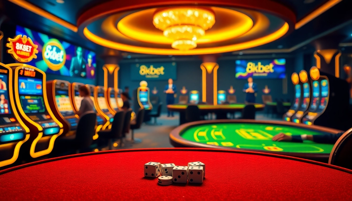 Experience the excitement of 8kbet with luxurious poker tables and vibrant slot machines.