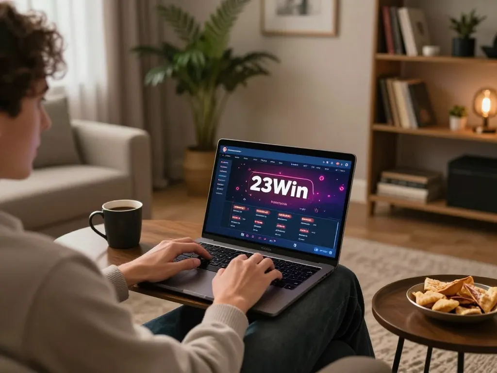 Player engaging with the 23Win online casino app in a cozy home setting, showcasing responsible gaming.