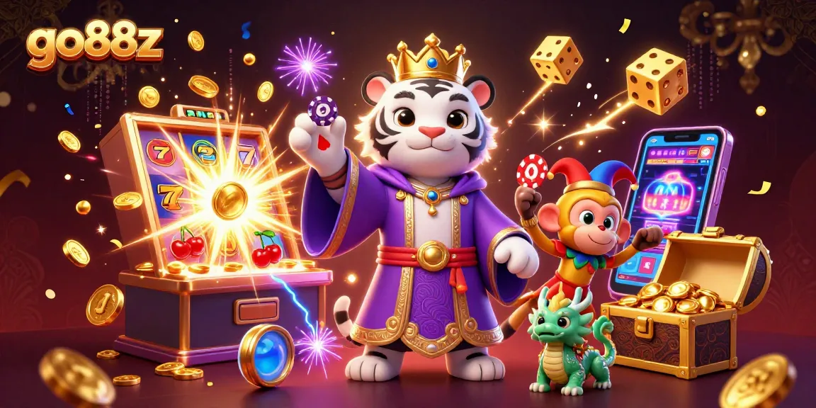 Win big with go88z in a vibrant casino scene featuring playful characters and slot machines.
